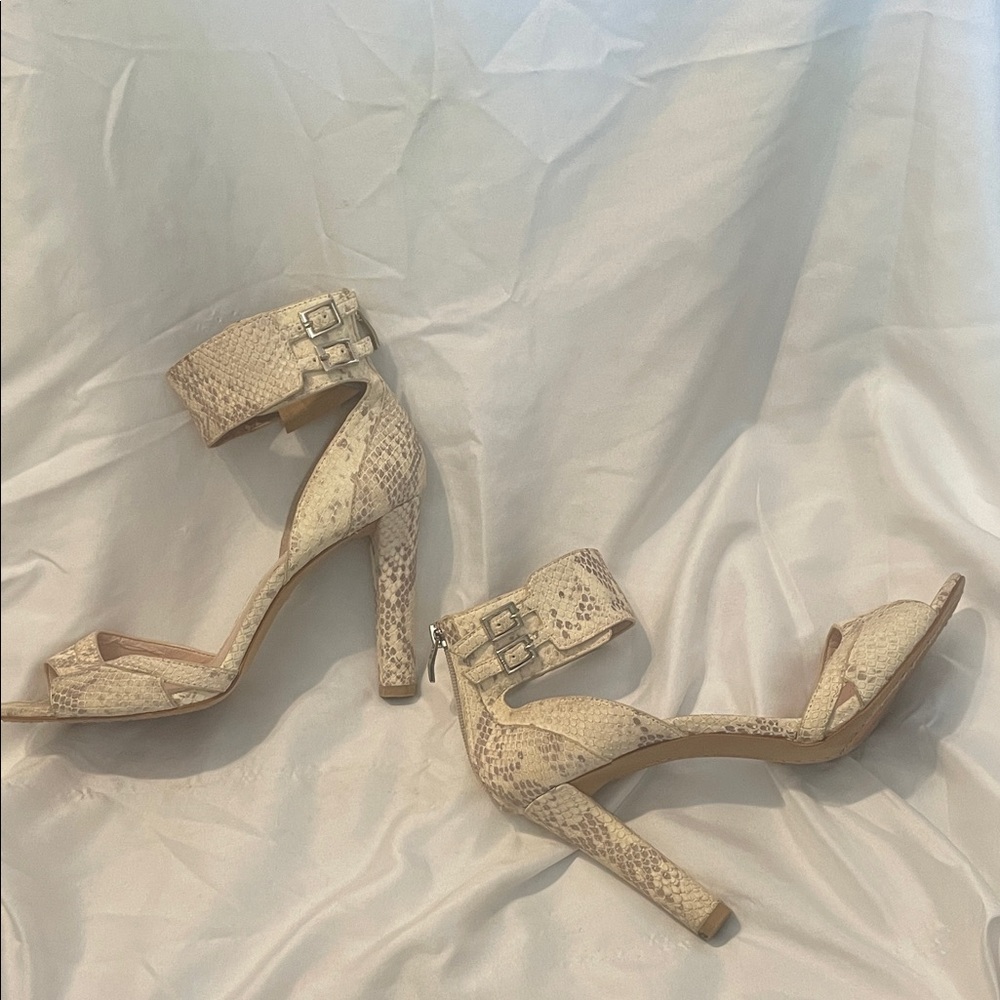 Vince Camuto High-Heel Ankle Strap Sandals in Neutral Snake Print